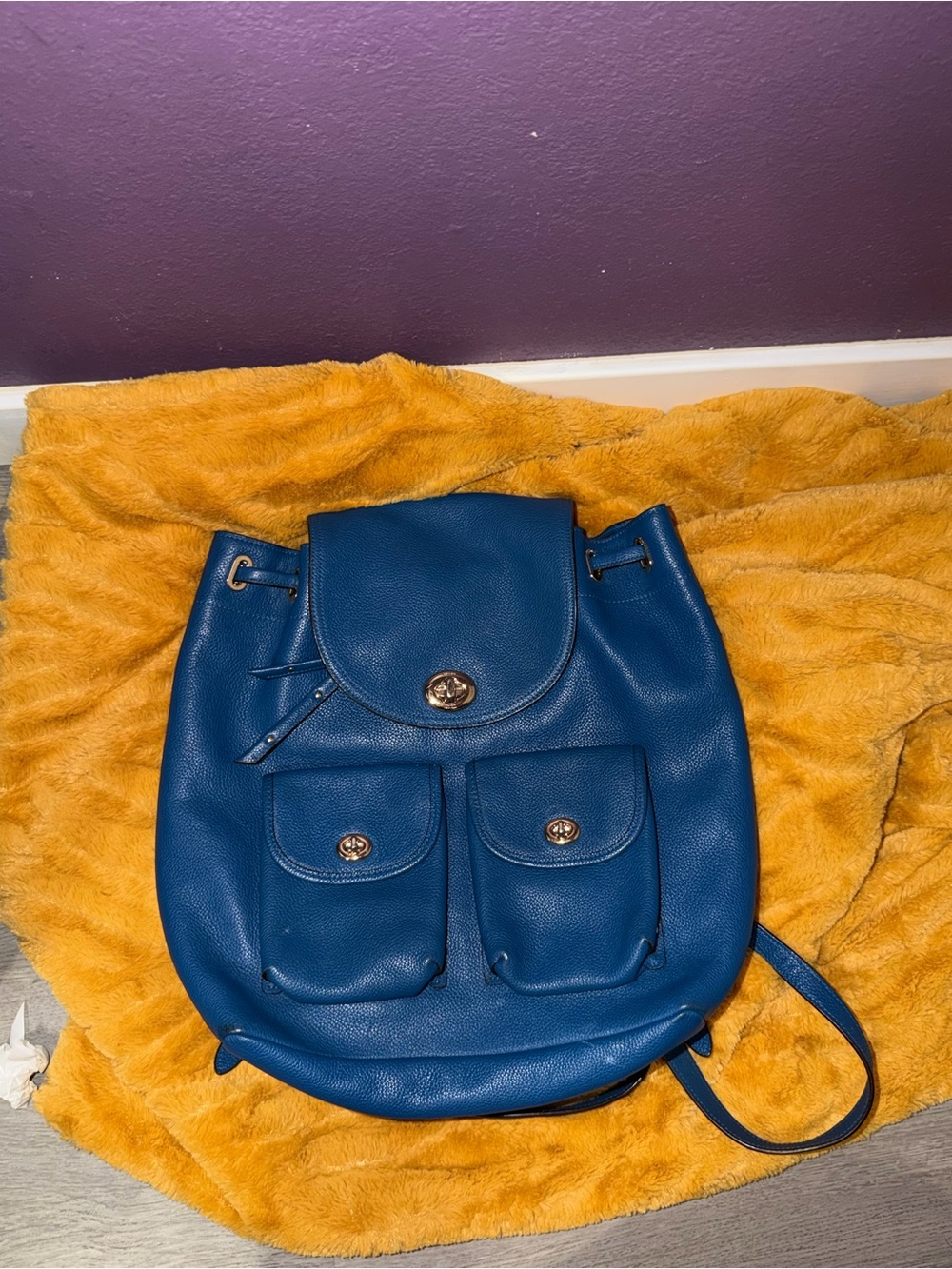 Coach Blue Pebbled Leather Drawstring Backpack with Front Pockets